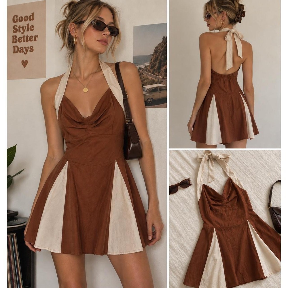 Mod Colorblock Halter Mini Dress Babeyond Rust Cream NWT S